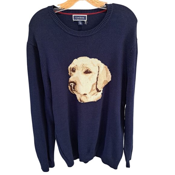 Navy Intarsia Labrador Retriever Yellow Dog Sweater Men's XL Cotton Club Room - Picture 2 of 11
